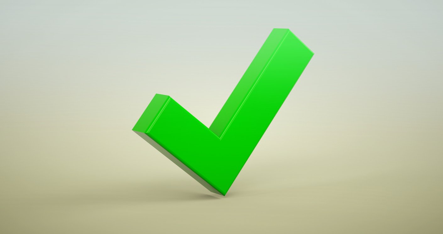 3d green checkmark or tick over white background with realistic shadow. 3D rendering.